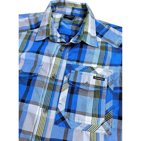 Oakley Men's Small Flannel Shirt Thermogauge Blue Yellow White Check Plaid - Picture 2 of 10